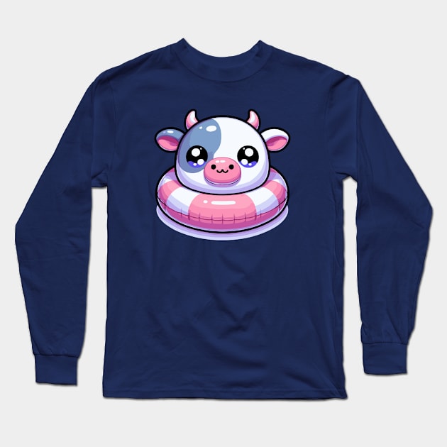 Kawaii Cow on a Pool Float Long Sleeve T-Shirt by Mey Designs